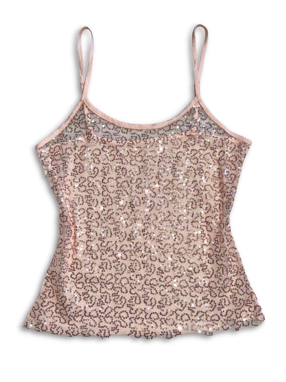 Vintage Y2K Pink Sequin Sheer Mesh Cami Tank Top Coquette Fairy Glam Party
